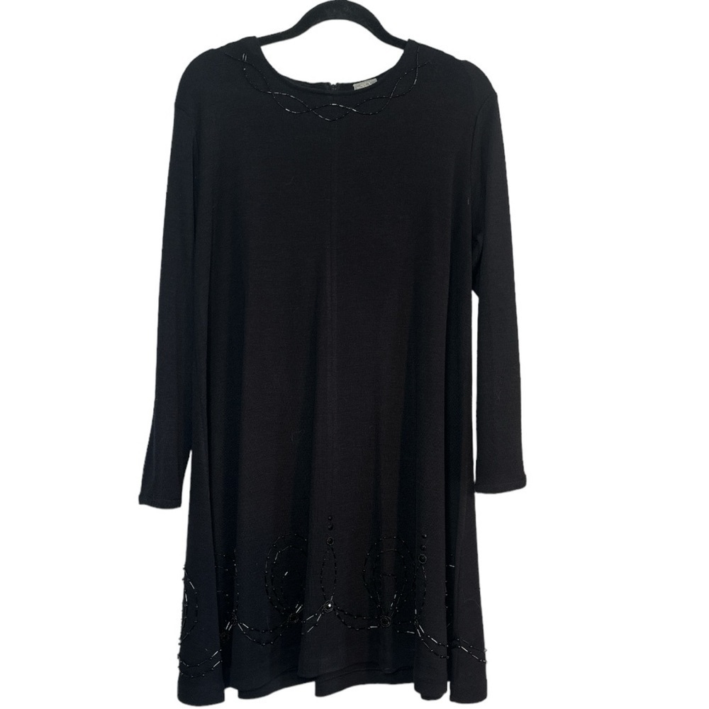 Vintage Petite Black Beaded Scoop Round Neck Long Sleeve Embellished Knit Dress